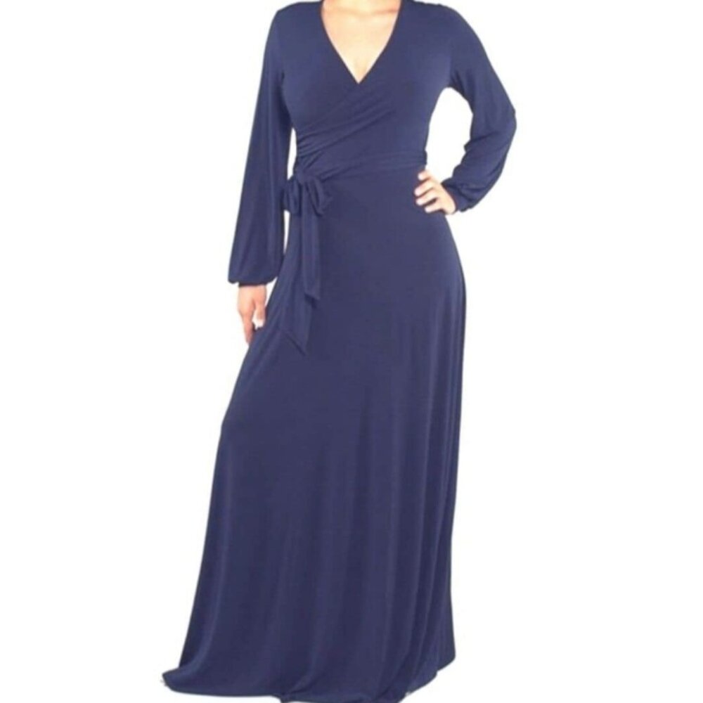 Janette Fashion Navy Bell Long Sleeve Evening Formal Faux Wrap Maxi Dress